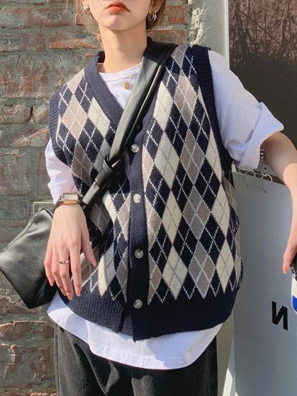 V Neck Button Front Argyle Sweater Vest