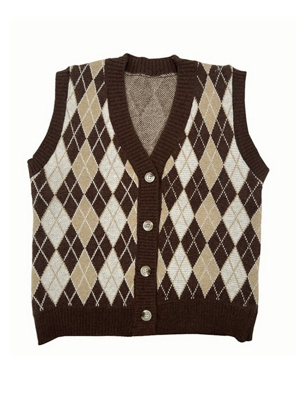 V Neck Button Front Argyle Sweater Vest
