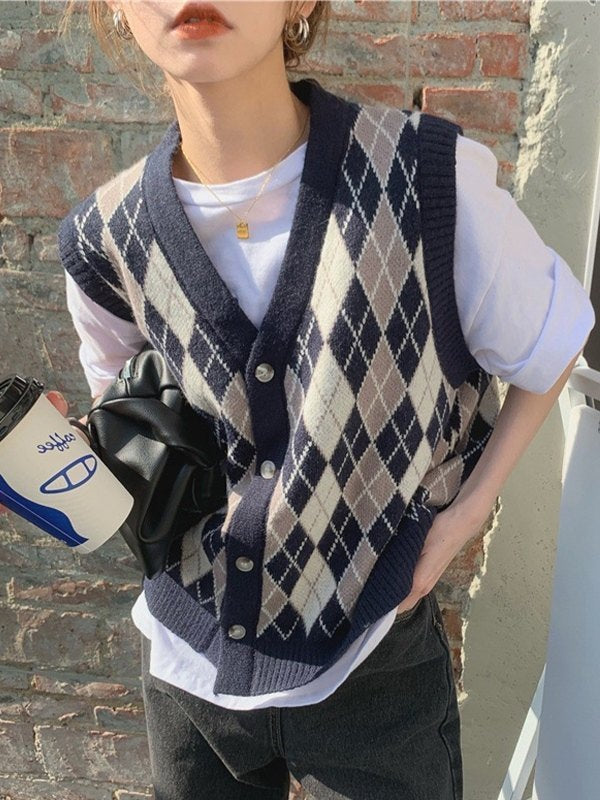 V Neck Button Front Argyle Sweater Vest