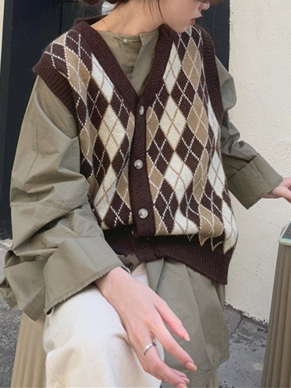 V Neck Button Front Argyle Sweater Vest
