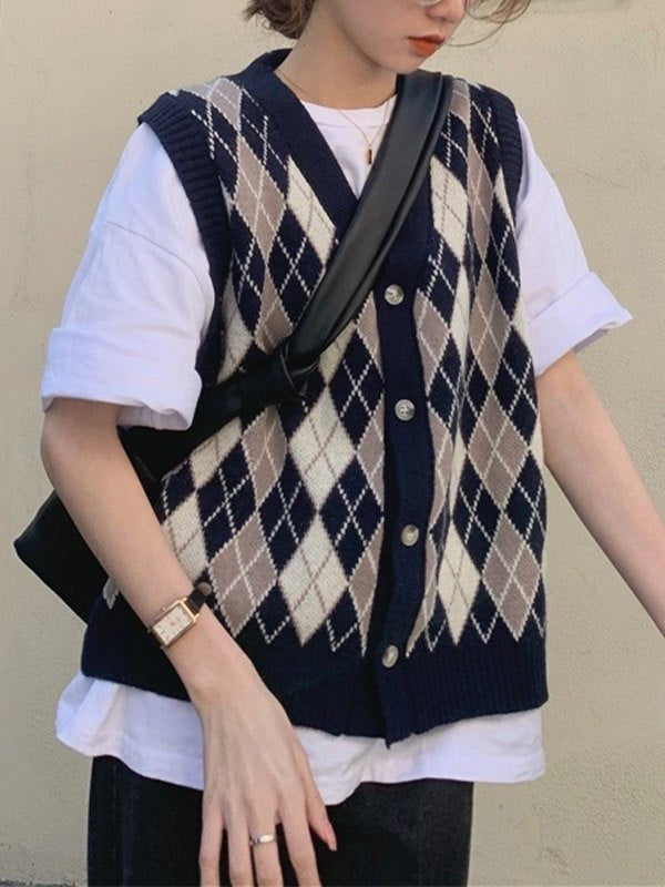 V Neck Button Front Argyle Sweater Vest