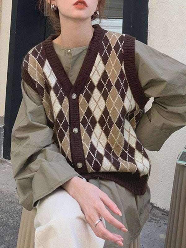 V Neck Button Front Argyle Sweater Vest