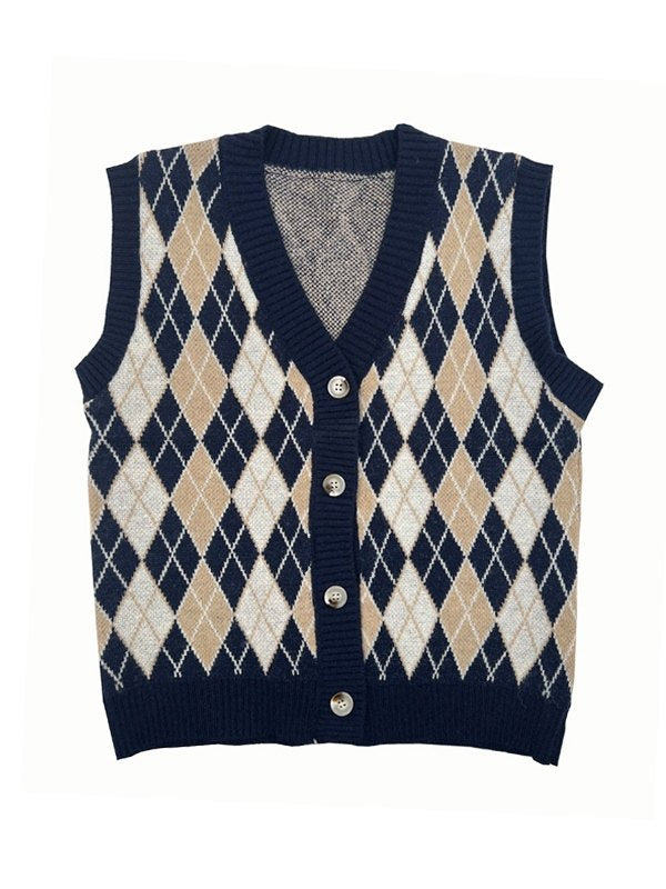 V Neck Button Front Argyle Sweater Vest