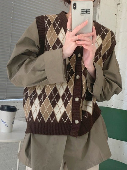 V Neck Button Front Argyle Sweater Vest