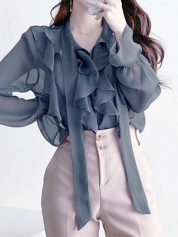Ruffle Semi Sheer Long Sleeve Blouse