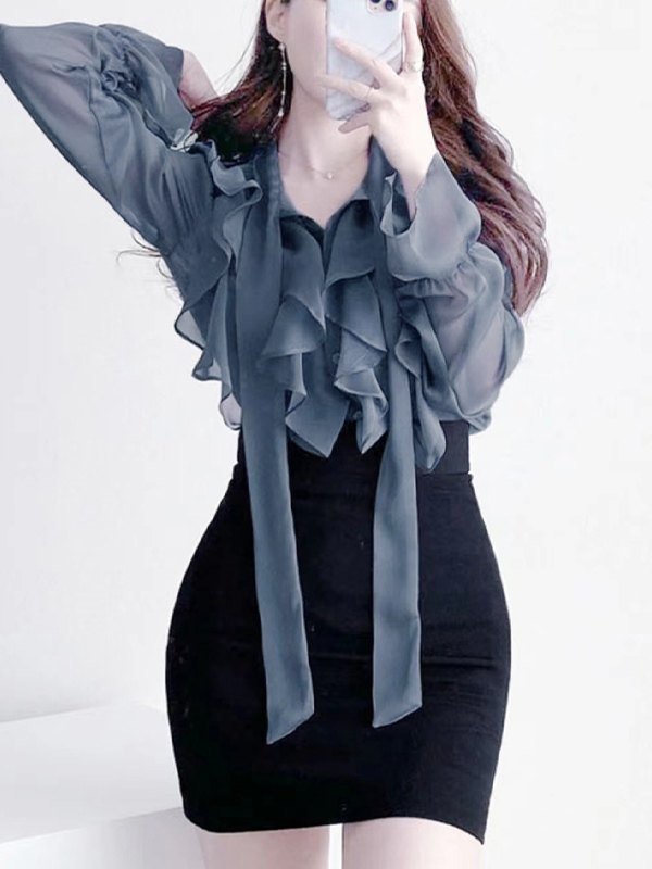 Ruffle Semi Sheer Long Sleeve Blouse