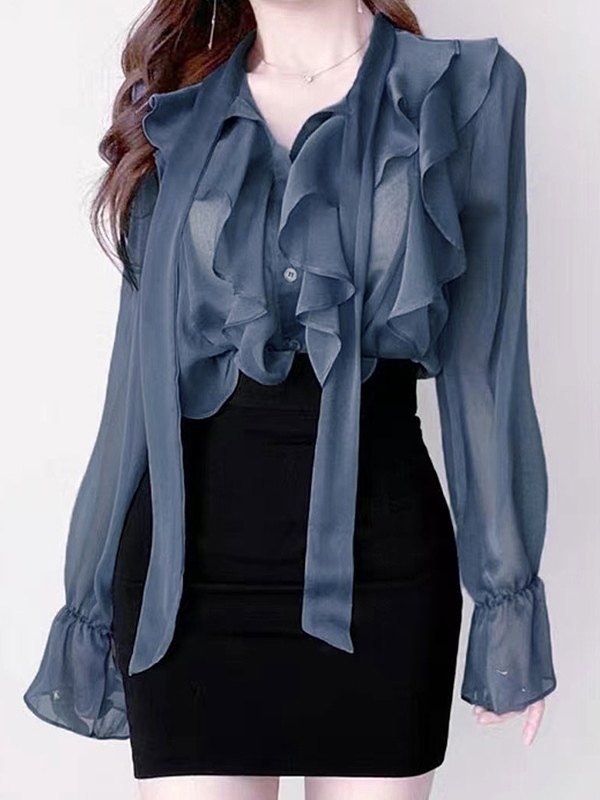Ruffle Semi Sheer Long Sleeve Blouse