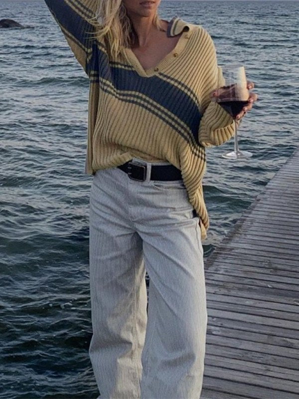 Vintage Striped Polo Knit Sweater