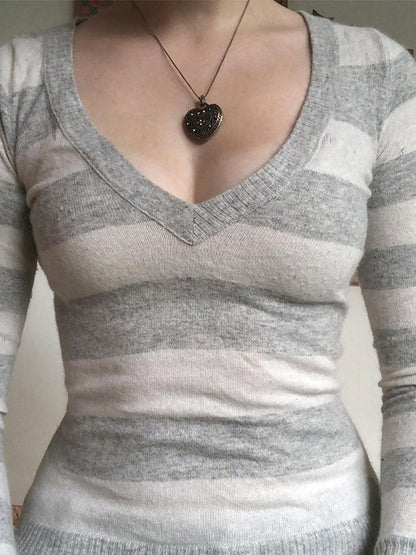 Vintage Striped V Neck Knit Top