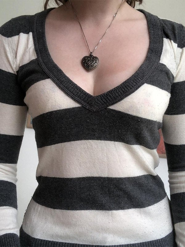 Vintage Striped V Neck Knit Top