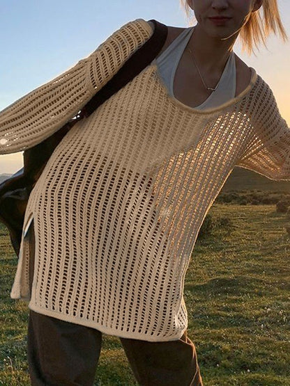 Split Hem Open Knit Top