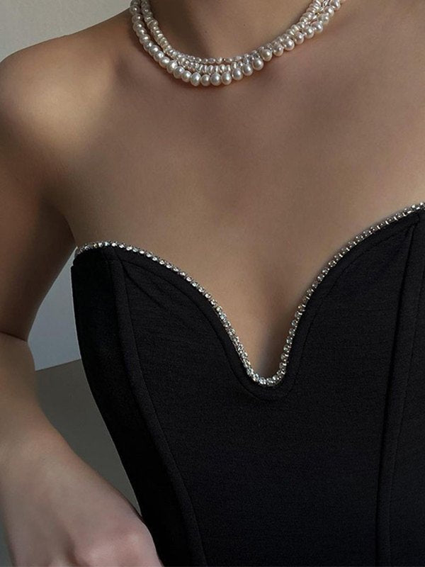 Rhinestone Trim Strapless Black Corset Top