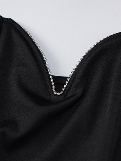 Rhinestone Trim Strapless Black Corset Top