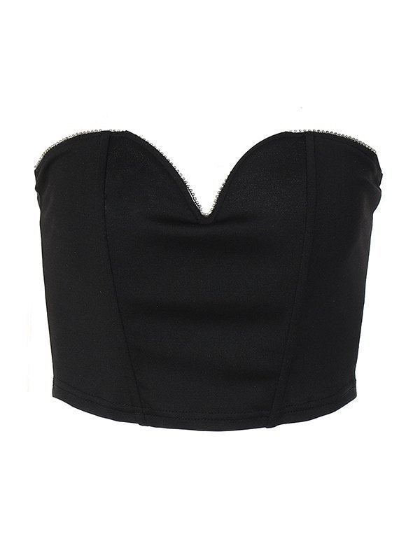 Rhinestone Trim Strapless Black Corset Top