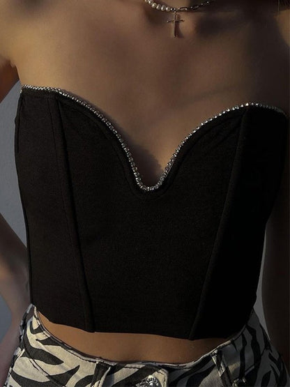 Rhinestone Trim Strapless Black Corset Top