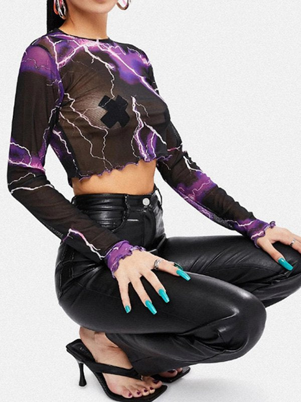 Mesh Long Sleeve Lightning Crop Top