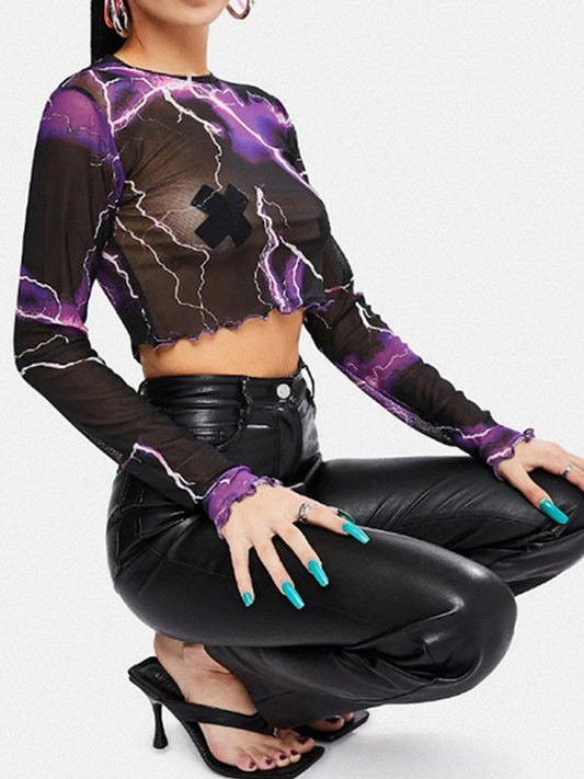 Mesh Long Sleeve Lightning Crop Top