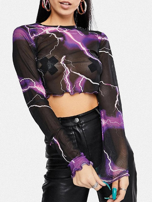 Mesh Long Sleeve Lightning Crop Top