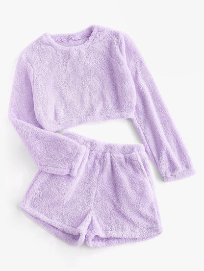 Teddy Solid Crop Top & Shorts Lounge Set