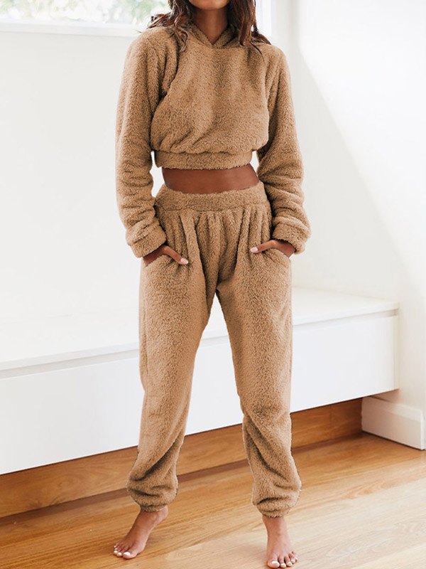 Solid Plush Hooded & Pocket Pants Set