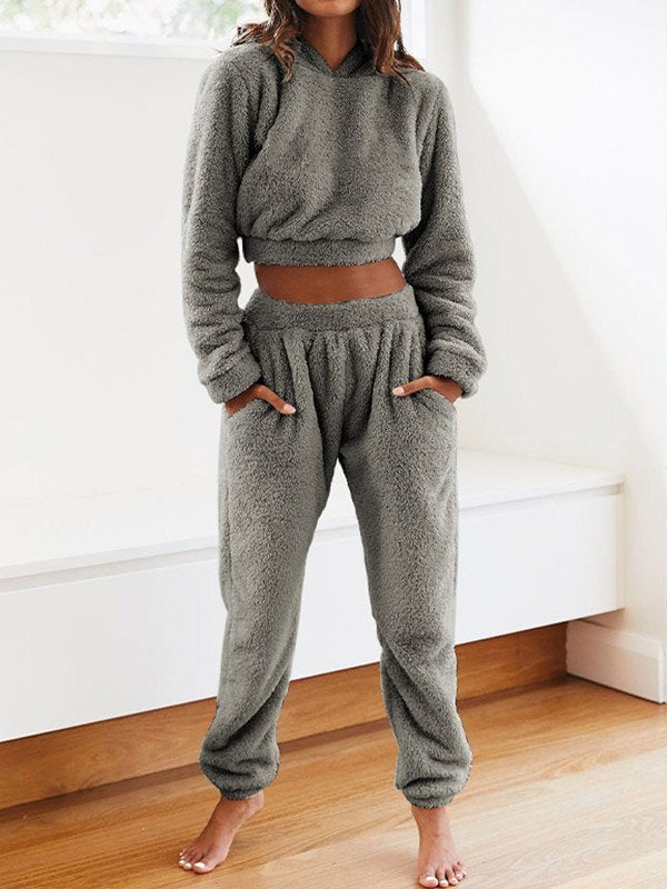 Solid Plush Hooded & Pocket Pants Set