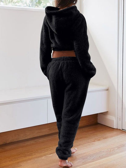 Solid Plush Hooded & Pocket Pants Set