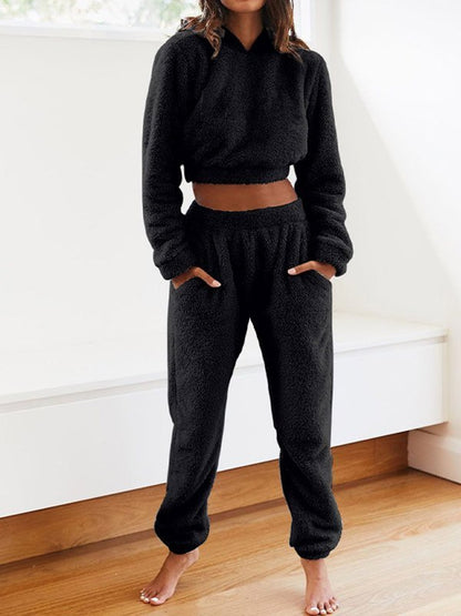 Solid Plush Hooded & Pocket Pants Set