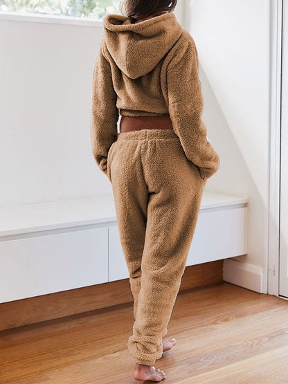 Solid Plush Hooded & Pocket Pants Set