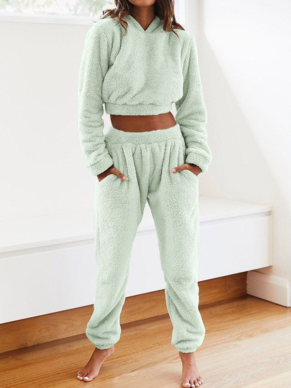 Solid Plush Hooded & Pocket Pants Set