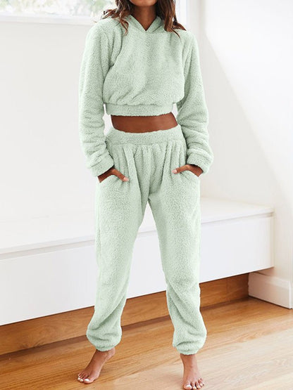 Solid Plush Hooded & Pocket Pants Set