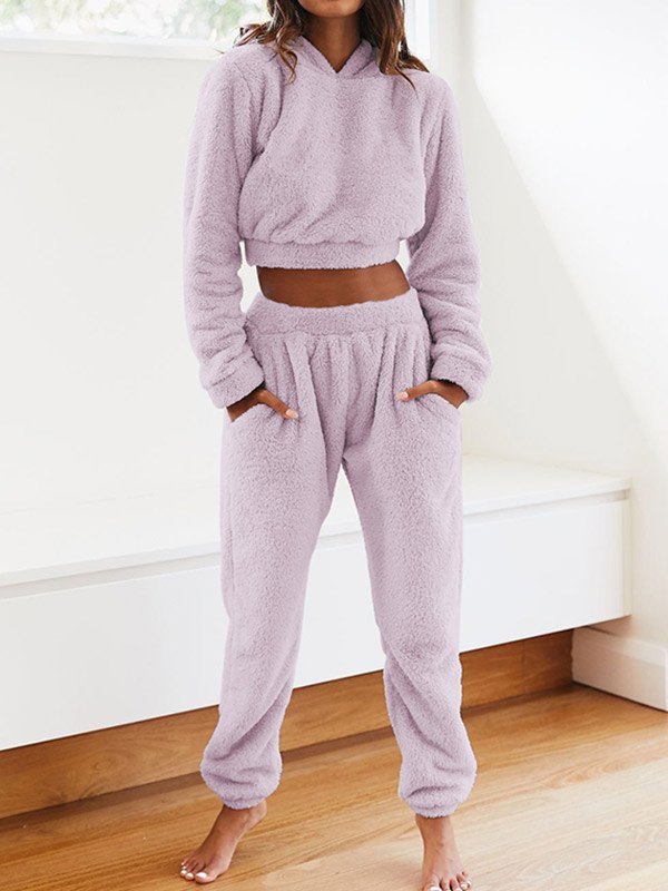 Solid Plush Hooded & Pocket Pants Set