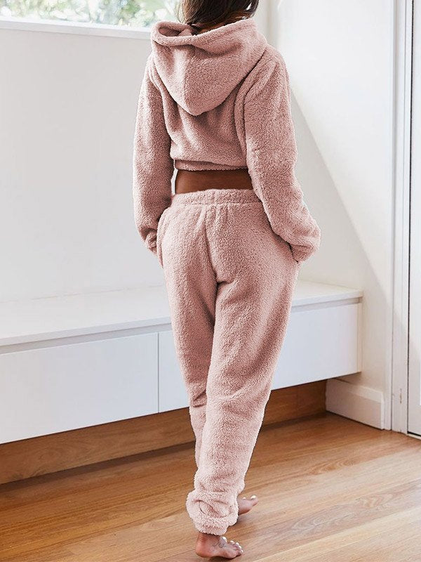 Solid Plush Hooded & Pocket Pants Set