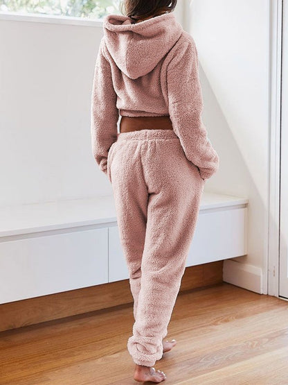 Solid Plush Hooded & Pocket Pants Set
