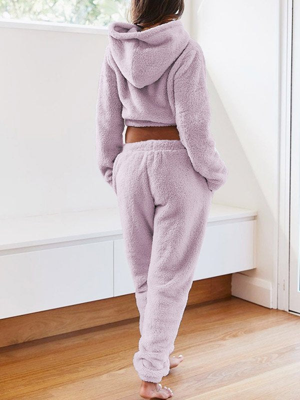 Solid Plush Hooded & Pocket Pants Set