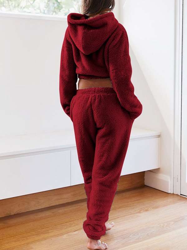 Solid Plush Hooded & Pocket Pants Set
