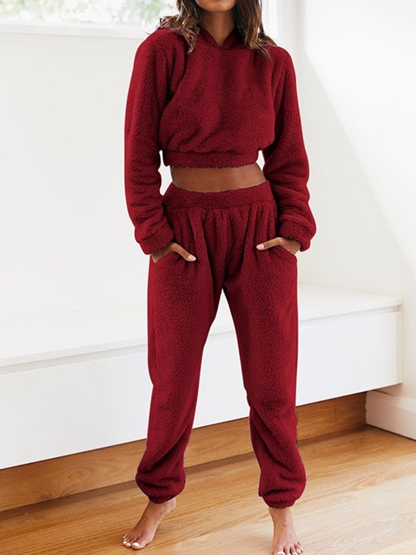 Solid Plush Hooded & Pocket Pants Set