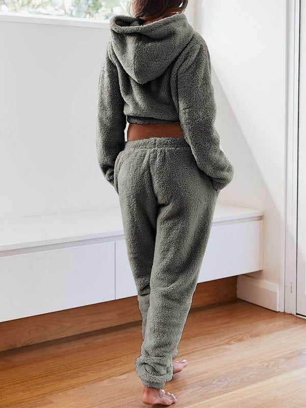 Solid Plush Hooded & Pocket Pants Set