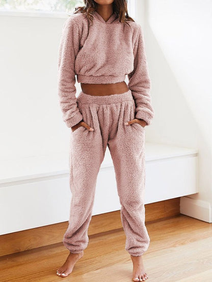Solid Plush Hooded & Pocket Pants Set