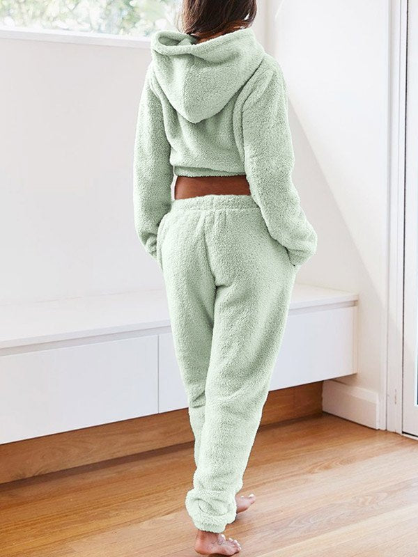 Solid Plush Hooded & Pocket Pants Set