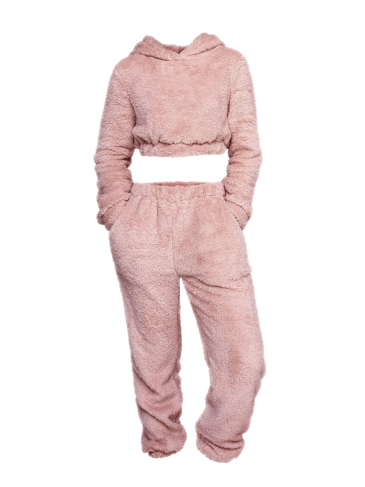 Solid Plush Hooded & Pocket Pants Set
