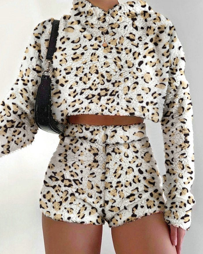 Solid Plush Hoodie With Shorts Lounge Set