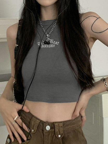 Letter Embroidery Ribbed Cropped Tank Top