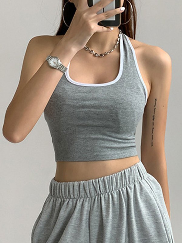 Contrast Trim Cropped Halter Tank Top