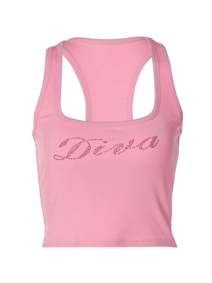 Rhinestone Letter Ribbed Cropped Tank Top
