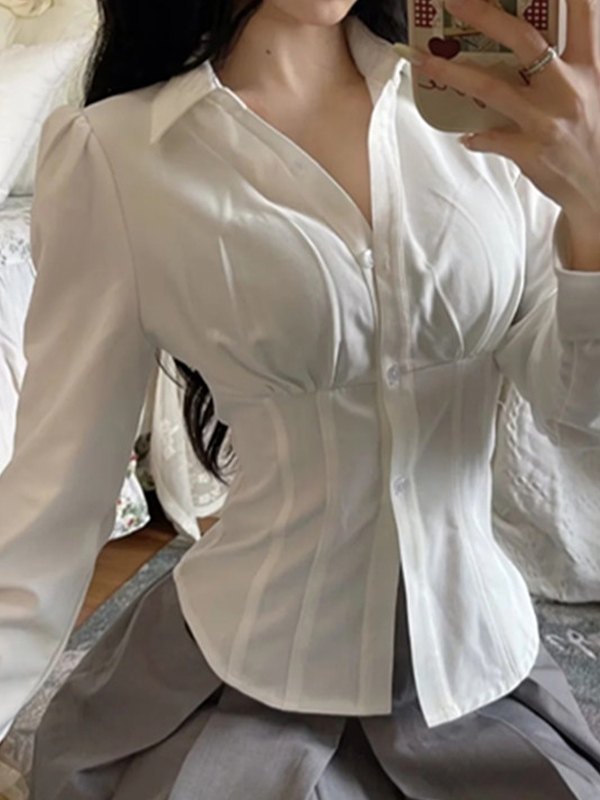 Pleated Button Down Long Sleeve Blouse