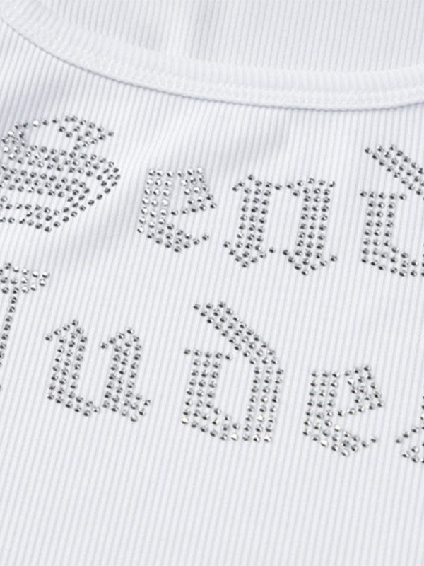 Rhinestone Embellish Ribbed Cropped Tank Top