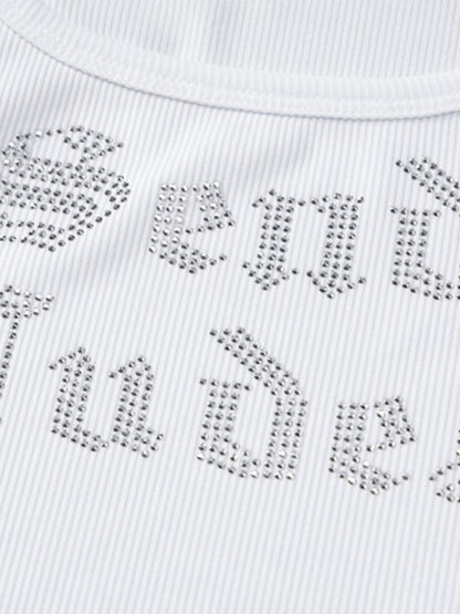 Rhinestone Embellish Ribbed Cropped Tank Top