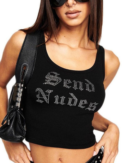 Rhinestone Embellish Ribbed Cropped Tank Top