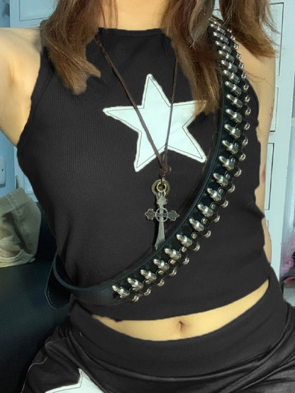 Star Embroidered Rib Cropped Tank Top