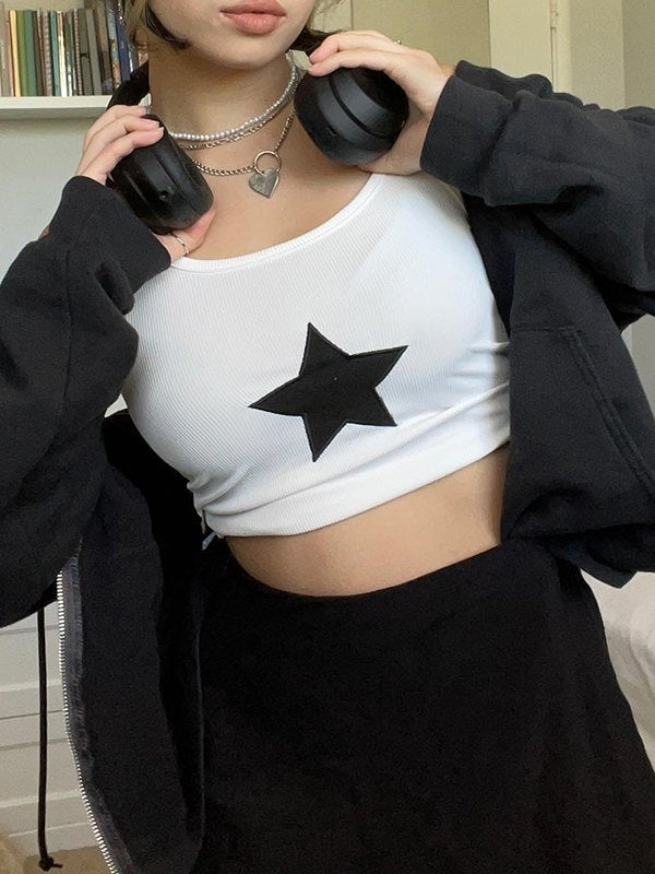 Star Embroidered Rib Cropped Tank Top